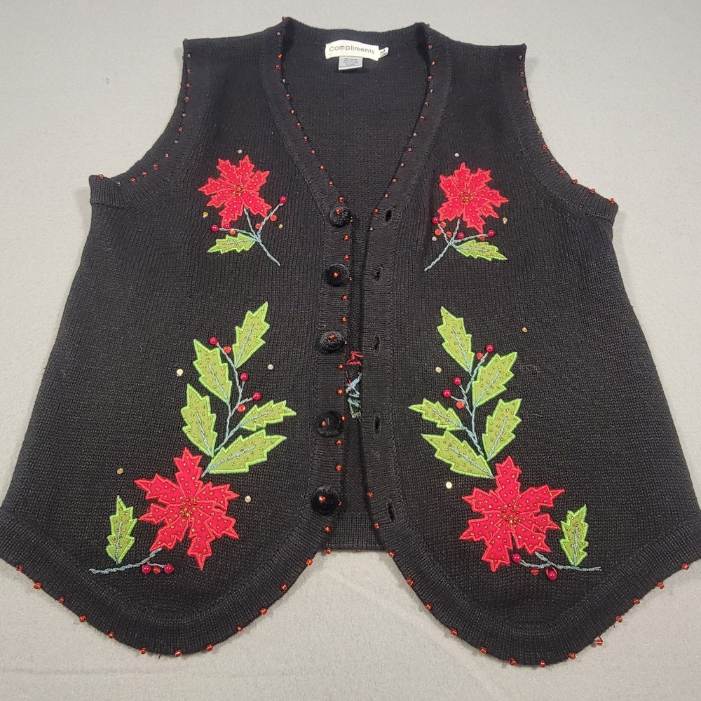 Vintage Compliments Holiday Sweater Vest Womens Medium Black Granny Cottage Core